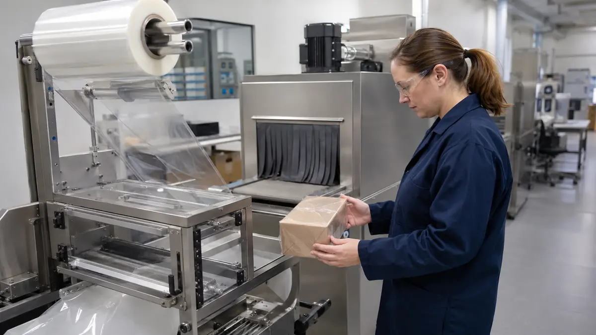 Engineer checking clear alternative shrink film during an unbranded sealer and tunnel trial
