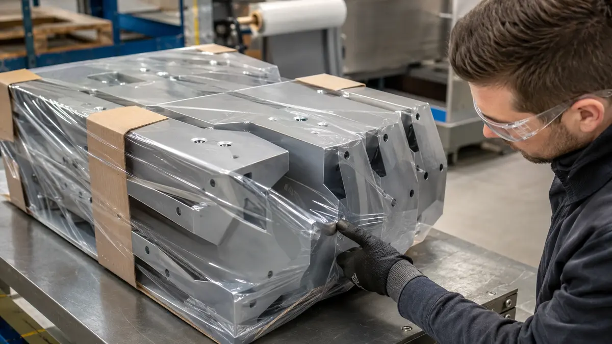 Plain angular metal components with corner protection being evaluated in transparent shrink film