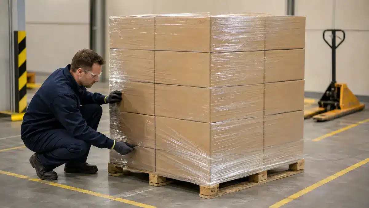 Packaging technician inspecting a wrapped pallet after a generic handling simulation
