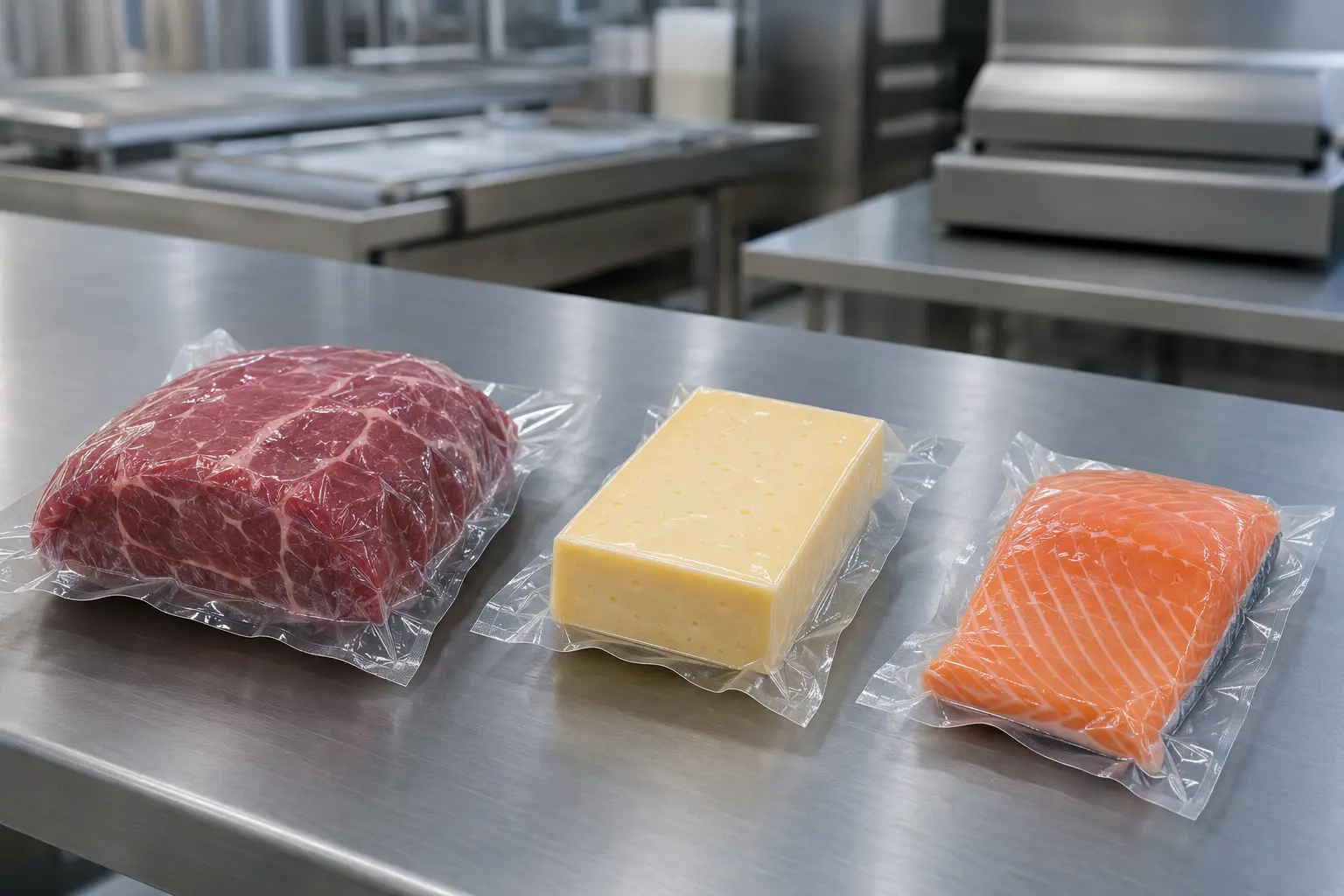 Concept illustration of vacuum shrink bags around generic meat and cheese products