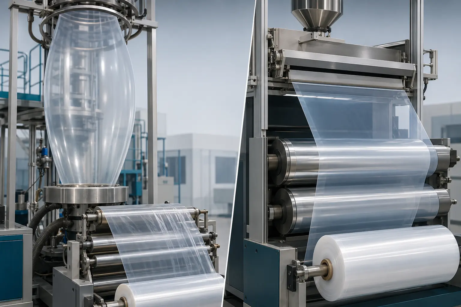 Concept illustration of blown-film bubble and cast-film chill-roll processes