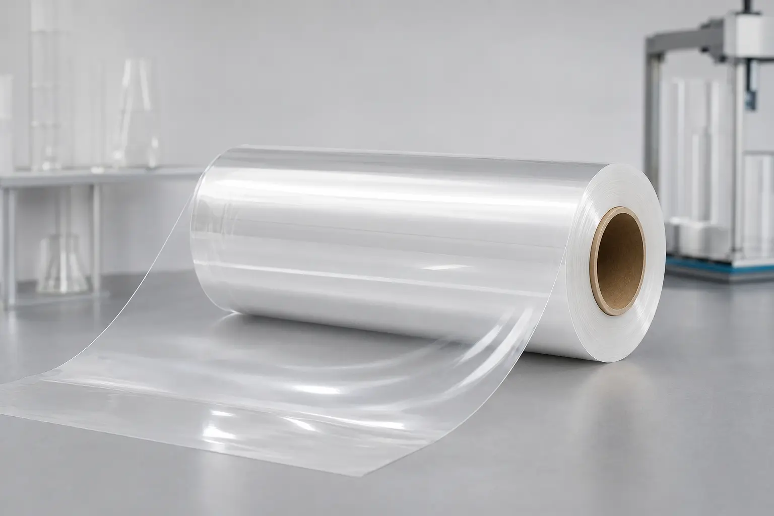 Concept illustration of a generic clear BOPA film roll partly unwound in a neutral laboratory setting.
