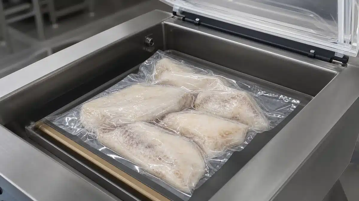 Clear unprinted pouches around frozen food pieces inside a generic chamber vacuum-packaging machine.