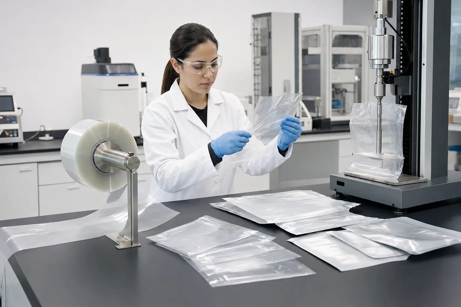 Concept illustration of a technician examining clear film and pouches beside generic test equipment.