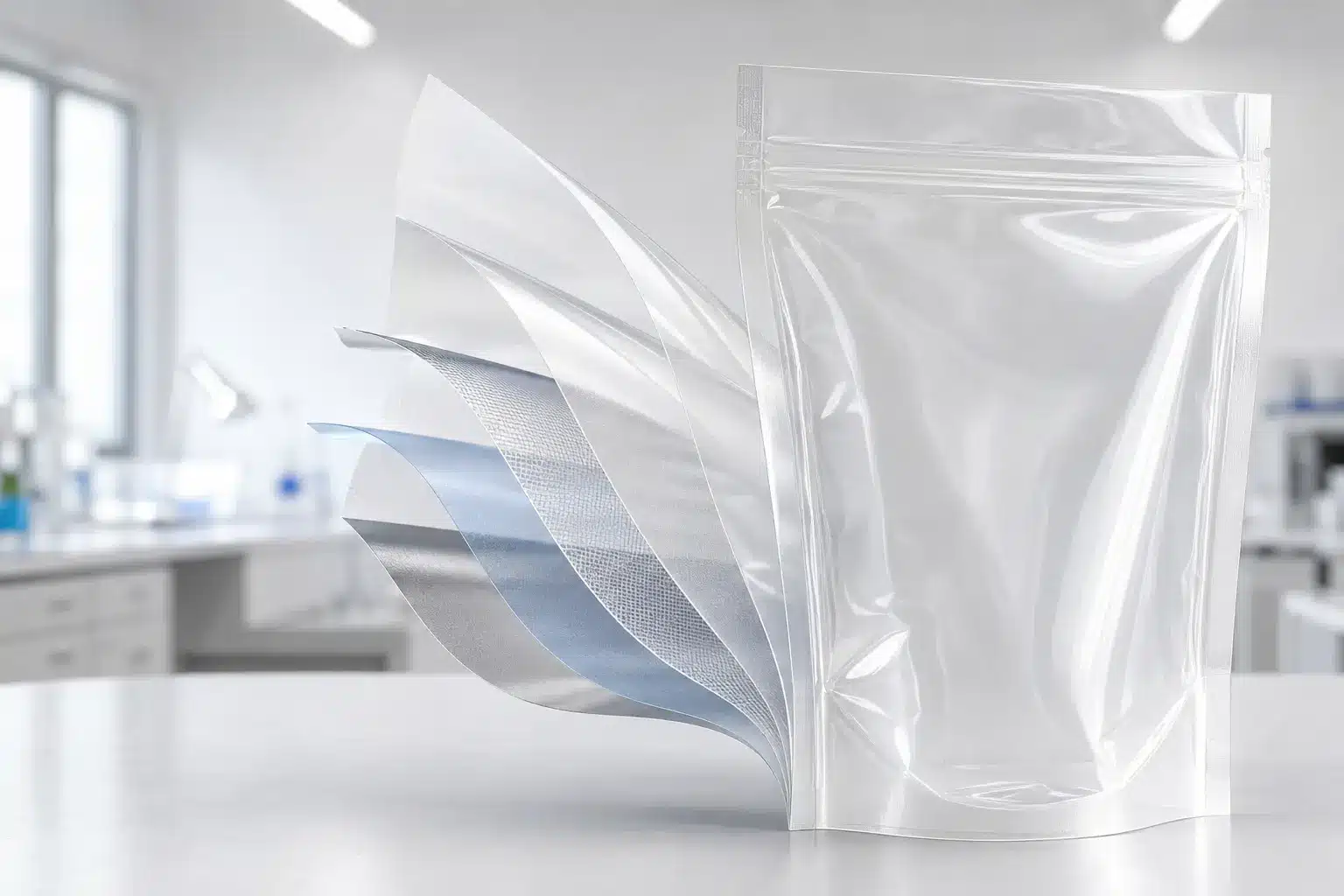 Concept illustration of a transparent pouch with several visually separated flexible layers.