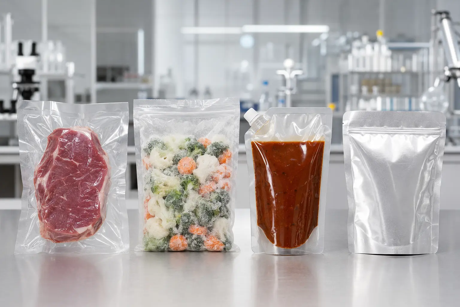 Concept illustration of unbranded vacuum, frozen-food, liquid, and retort-style flexible packages.