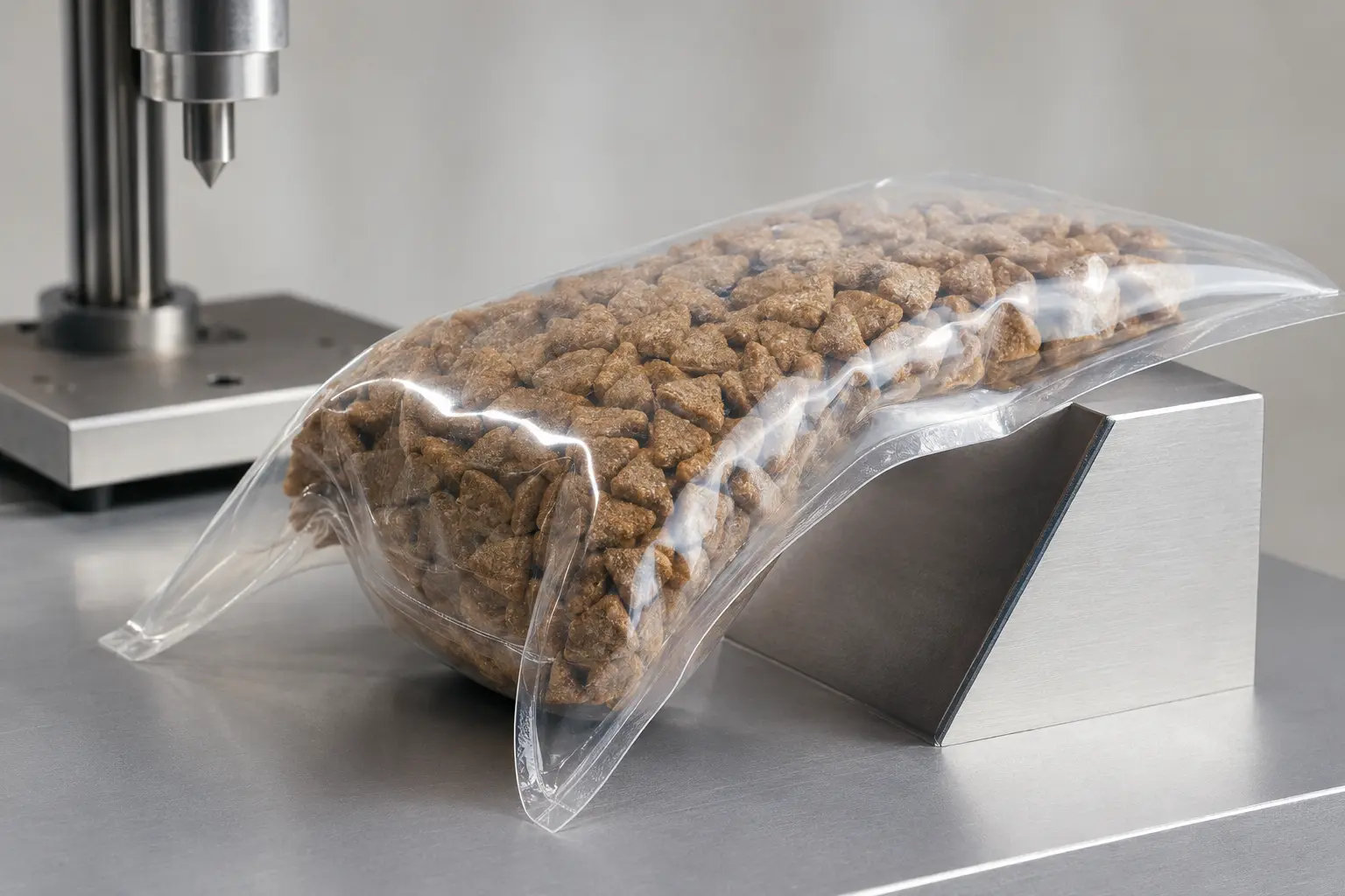 Concept illustration of a clear pouch conforming around angular dry contents near a puncture-test fixture.