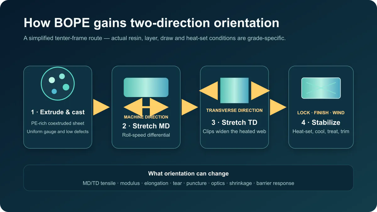 Simplified BOPE tenter-frame process showing extrusion and casting, machine-direction stretching, transverse-direction stretching, and stabilization before winding.