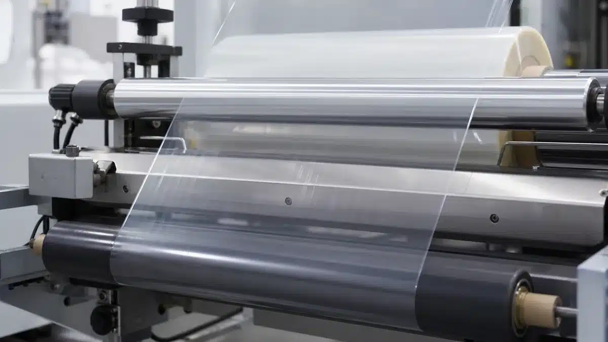 Clear flexible film web passing over rollers in a generic printing or laminating setup.