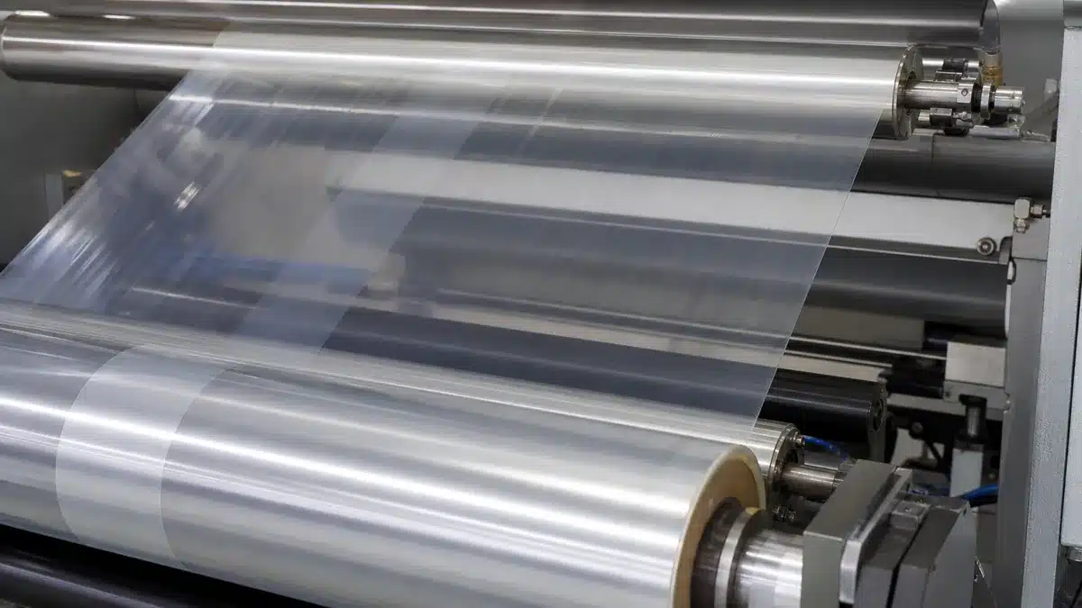 Transparent flexible film web running across metal rollers in a generic converting setup.