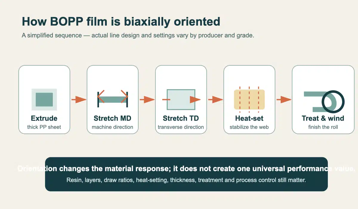 Simplified BOPP production sequence showing sheet extrusion, machine-direction stretching, transverse stretching, heat-setting, surface treatment, and winding.