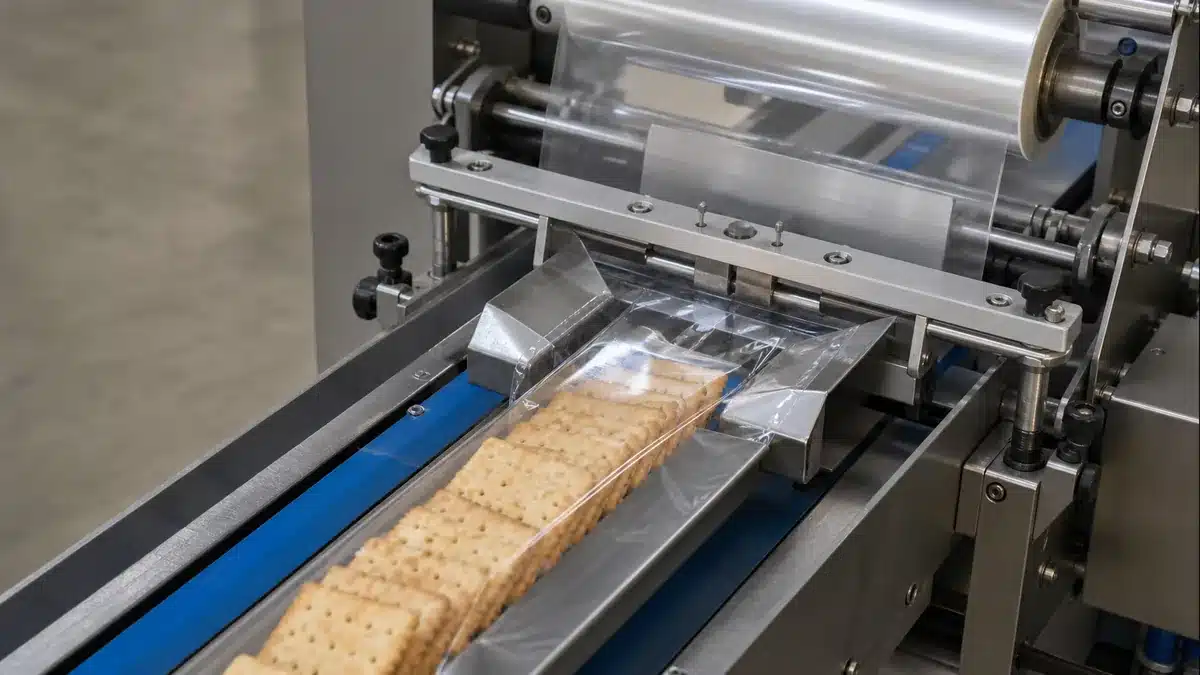 Plain dry crackers being wrapped in clear flexible film on a generic flow-wrapping machine.