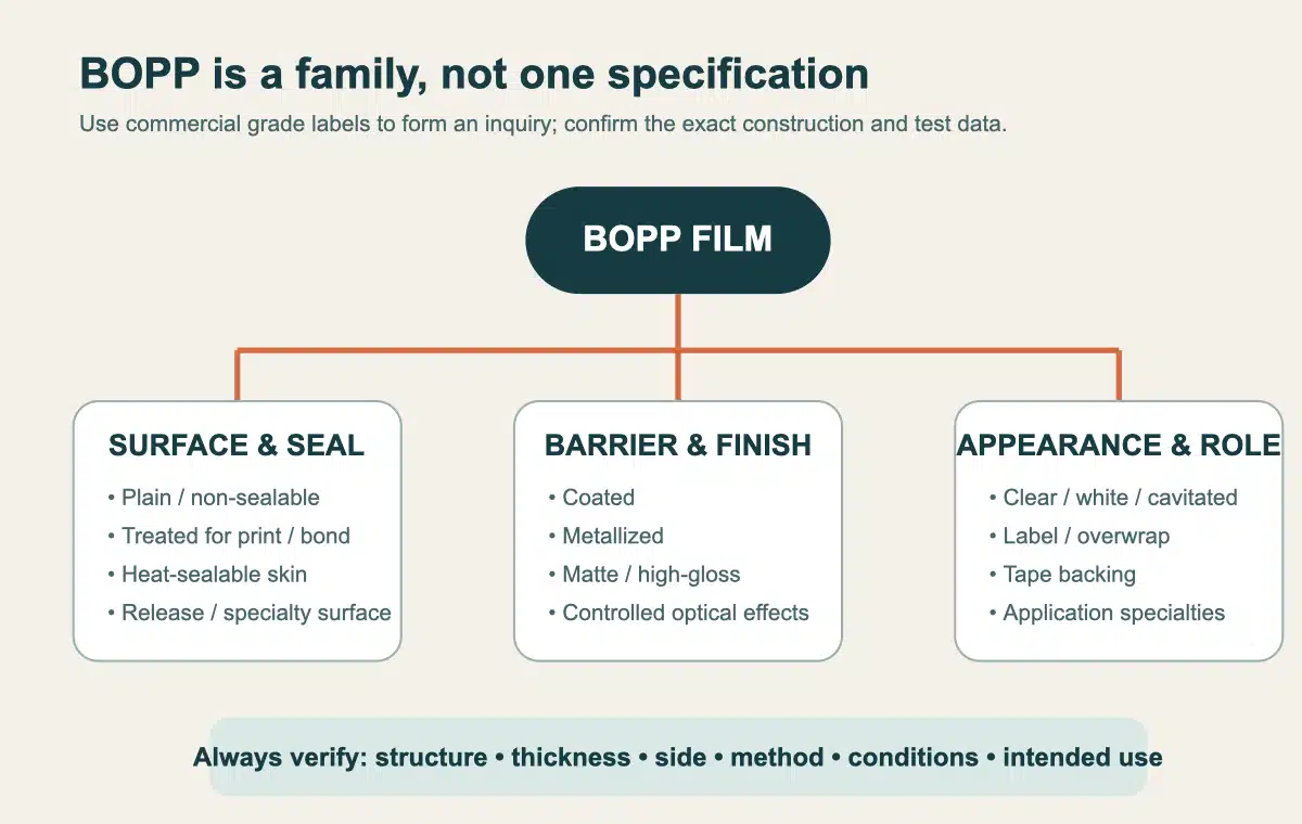 BOPP grade-family map linking plain, sealable, coated, metallized, white, cavitated, matte, label, and specialty films to typical roles and verification needs.