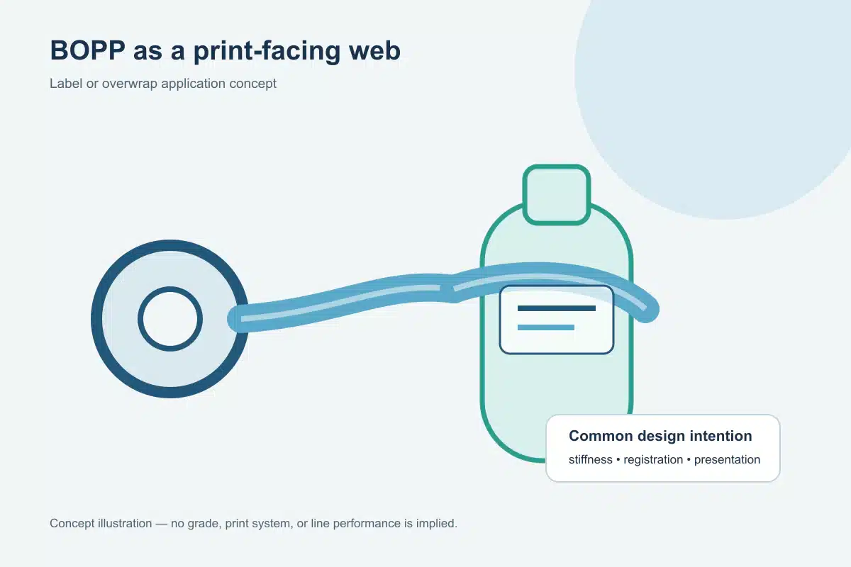 Concept illustration of a clear BOPP web feeding from a roll around an unlabeled bottle as a label or overwrap application.