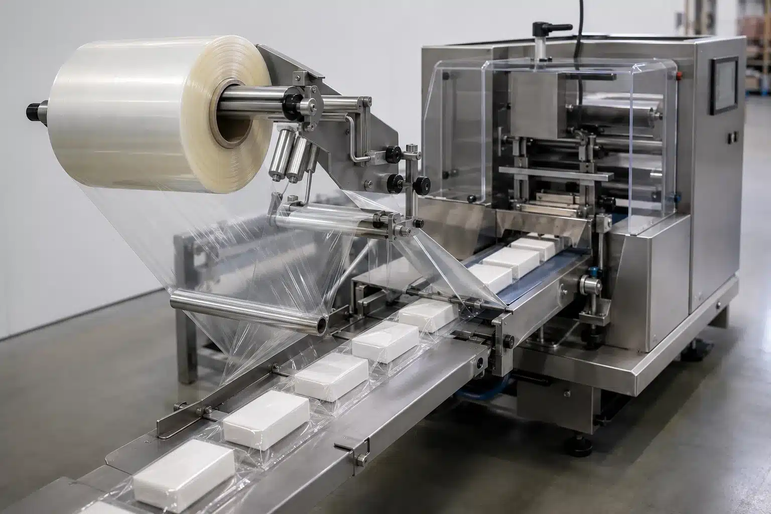 Transparent BOPP web unwinding through generic flow-wrap equipment.