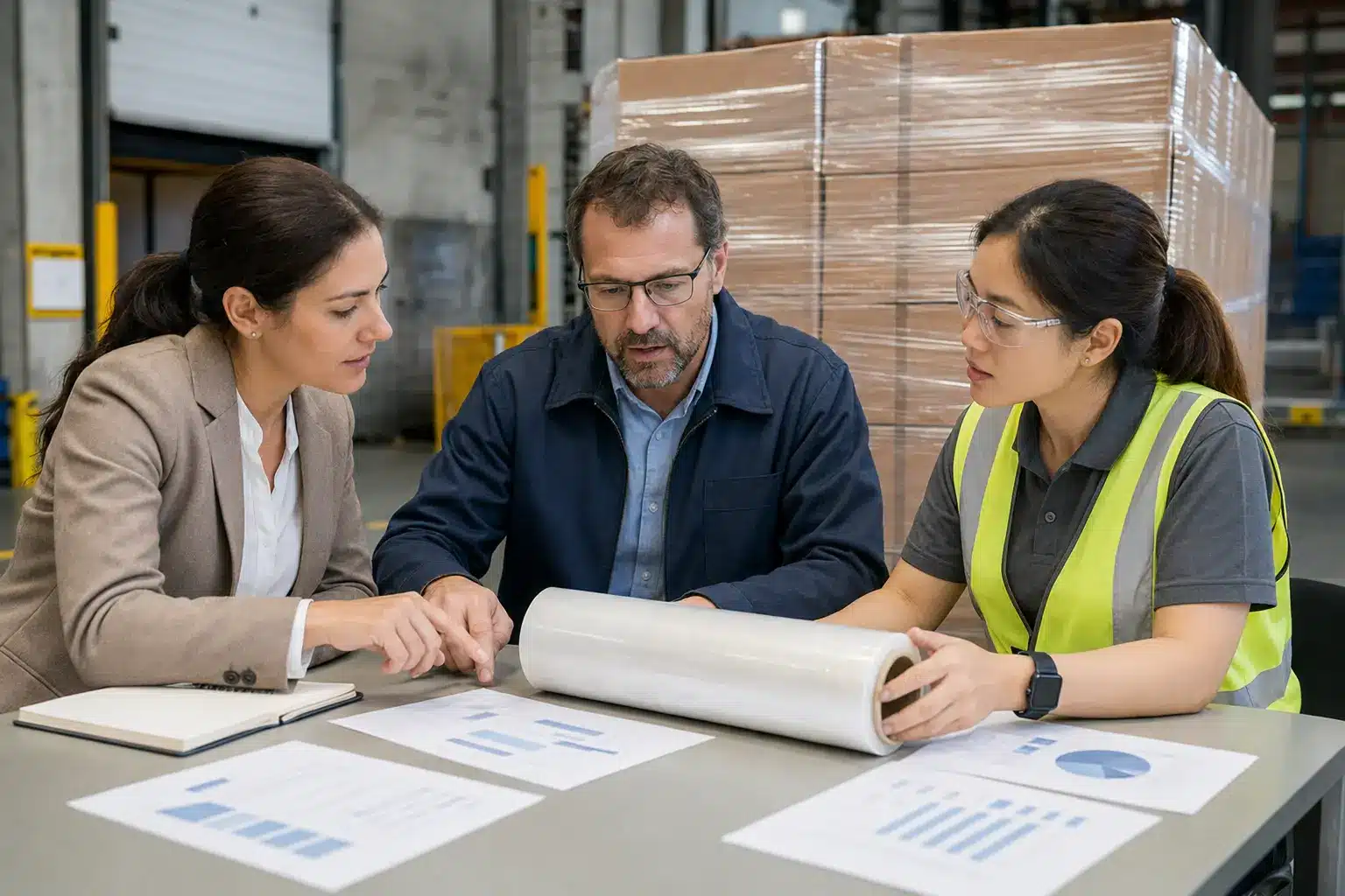 Concept illustration of a buyer and technical team reviewing a stretch-film trial