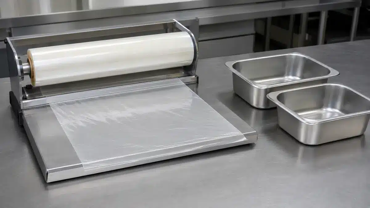 Unlabelled catering cling-film dispenser beside clean stainless food pans