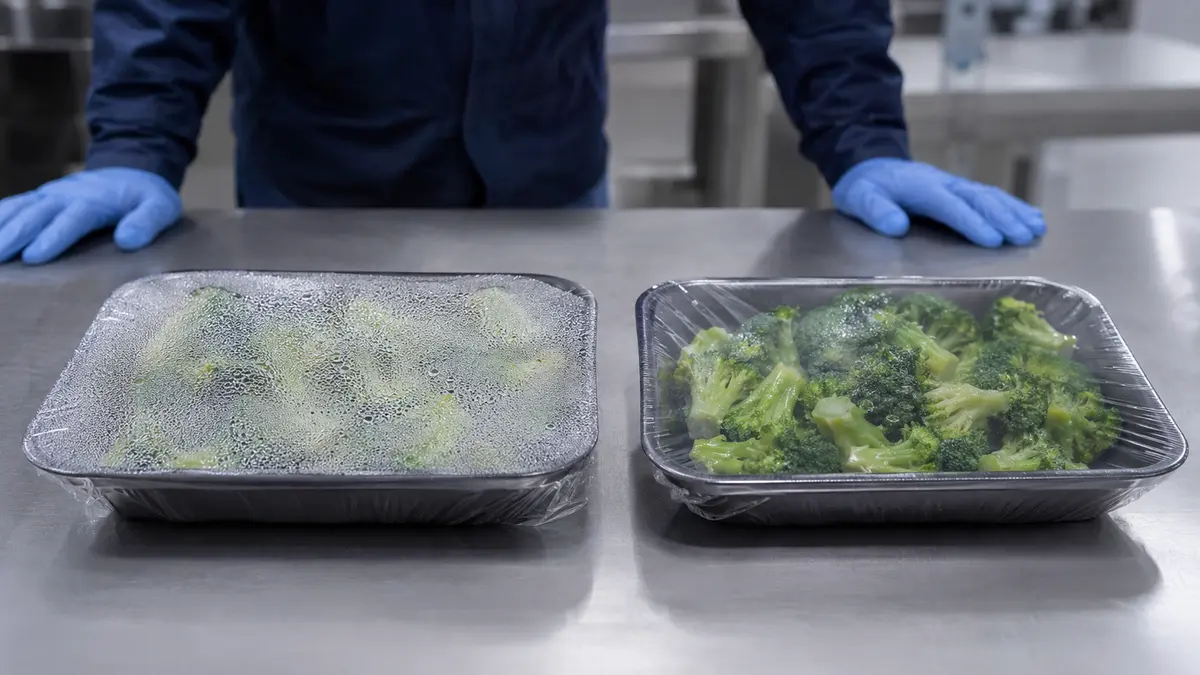 Two unbranded chilled produce trays being visually compared under humid conditions for condensation