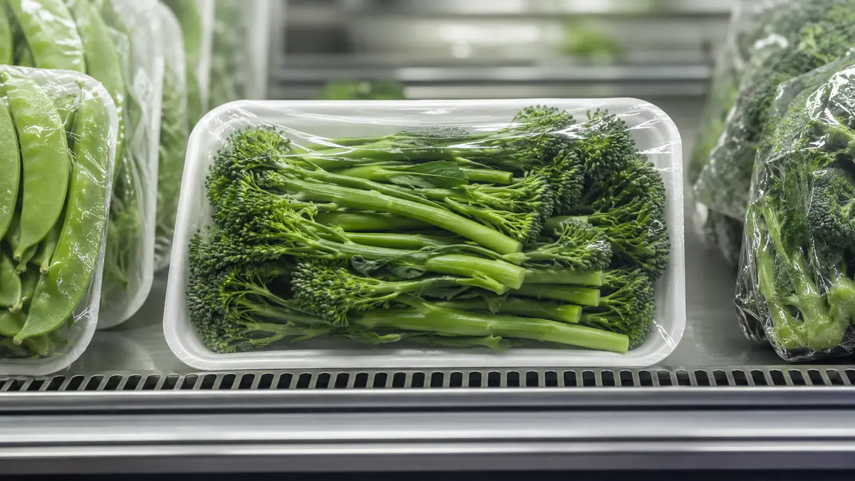 Chilled produce tray visible through clear film inside a refrigerated display