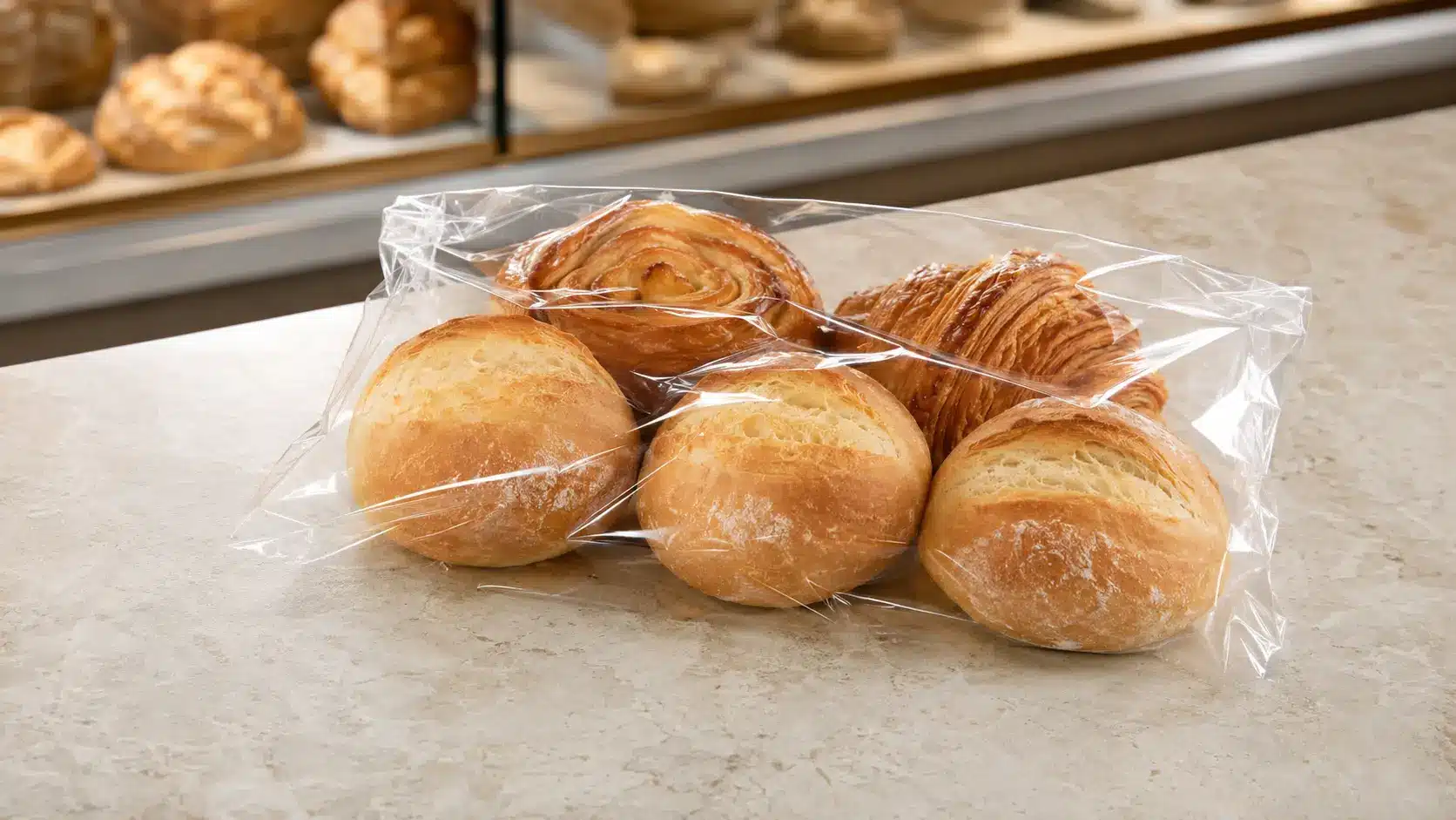 Concept illustration of bread rolls and pastries visible through clear flexible wrap