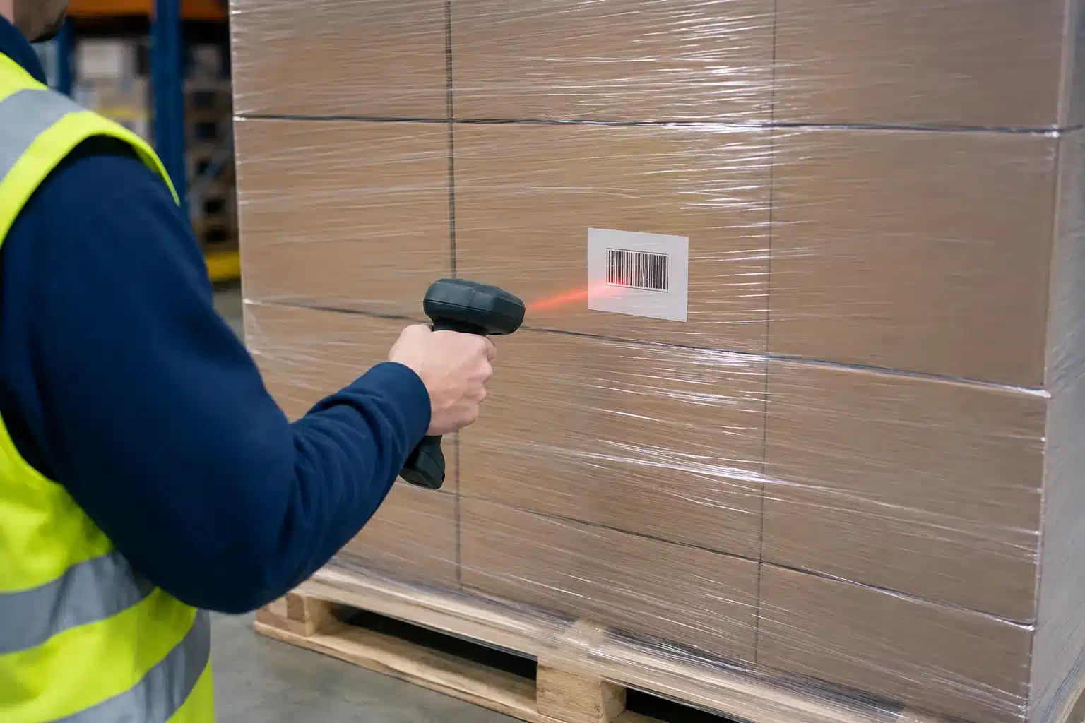 Concept illustration of an operator checking a barcode area through clear stretch film on a finished pallet.