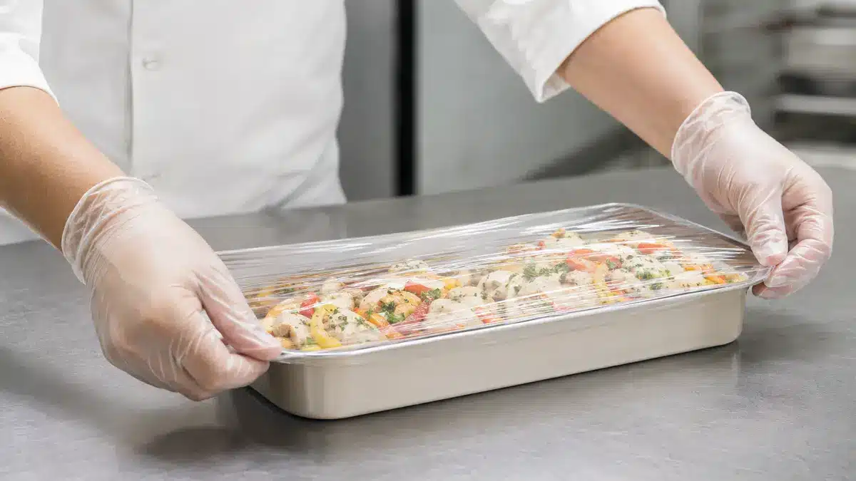 Gloved food-service worker covering a prepared tray with transparent cling film