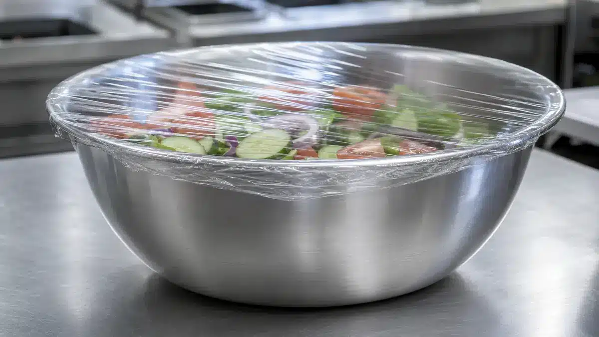 Transparent cling film stretched smoothly over a stainless-steel food preparation bowl
