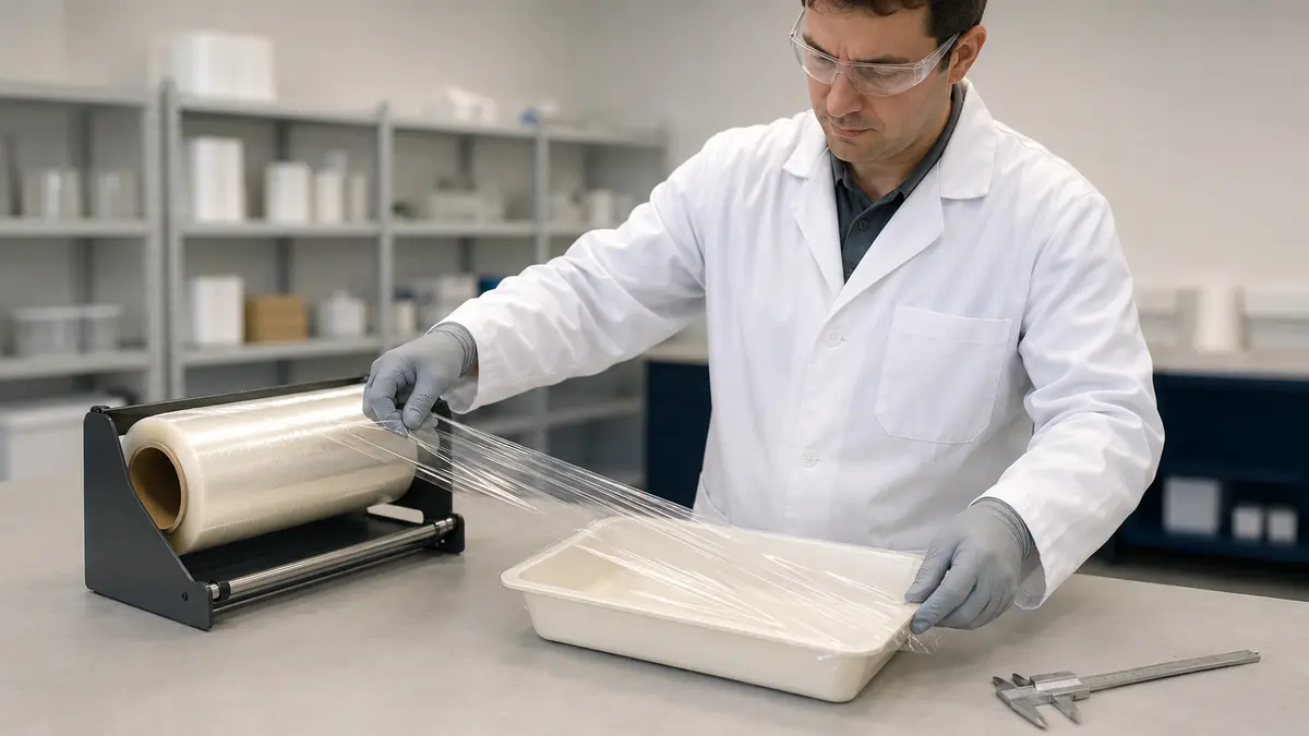 Packaging engineer evaluating transparent cling film on a bench-top dispenser and food tray