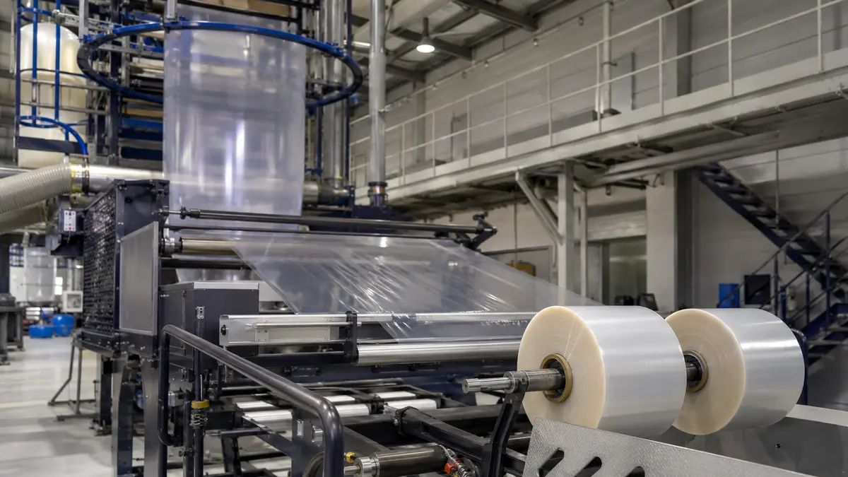 Generic blown-film line producing a clear polyethylene film bubble and winding rolls