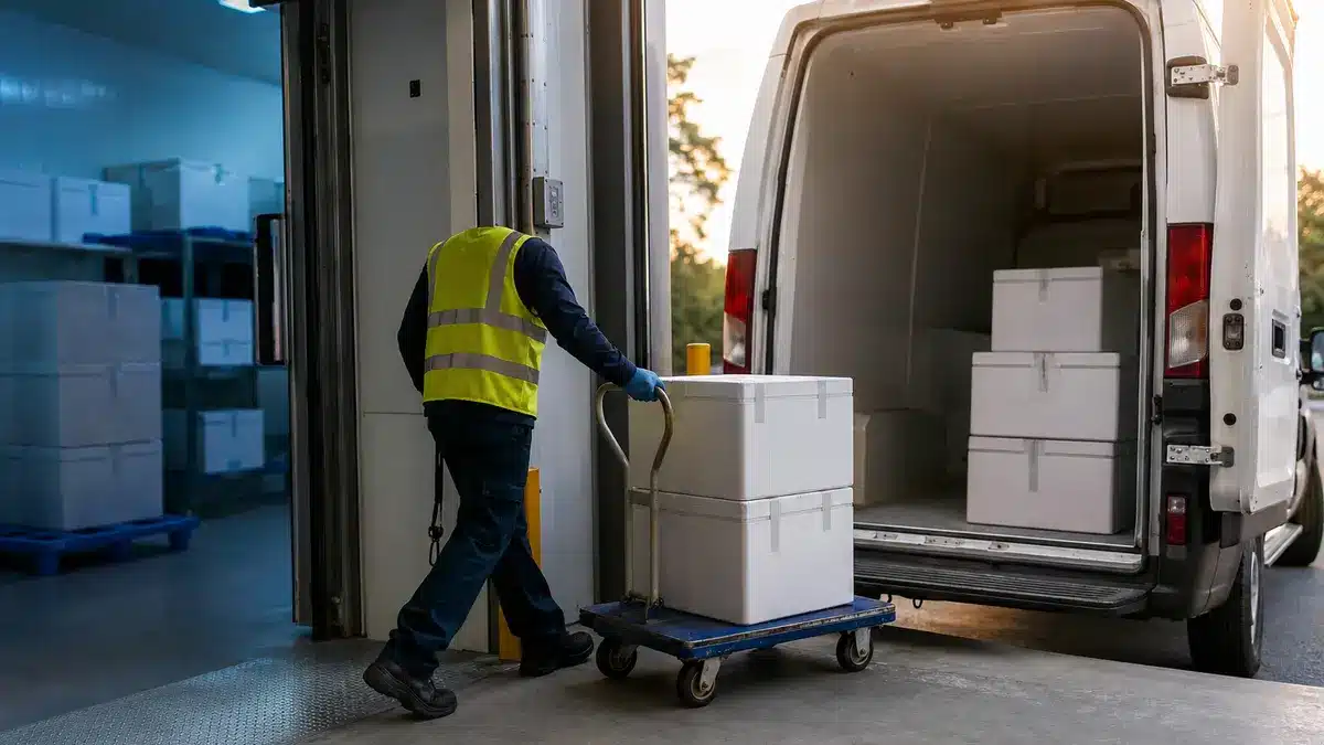 Concept illustration of insulated food cartons moving through a cold-chain loading-dock handoff.
