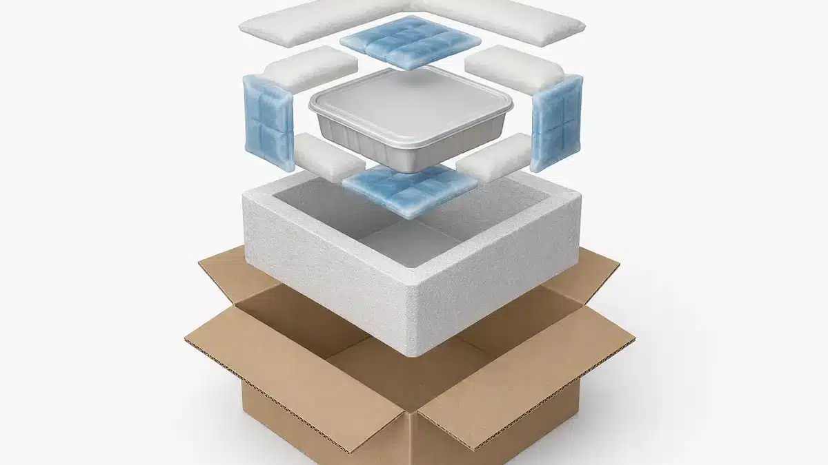 Concept illustration showing a food pack, coolant and cushioning, insulation, and an outer shipping carton as separate layers.
