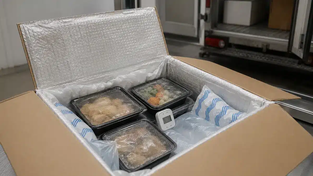 Concept illustration of an insulated food shipper with sealed food packs, coolant, and a temperature logger.
