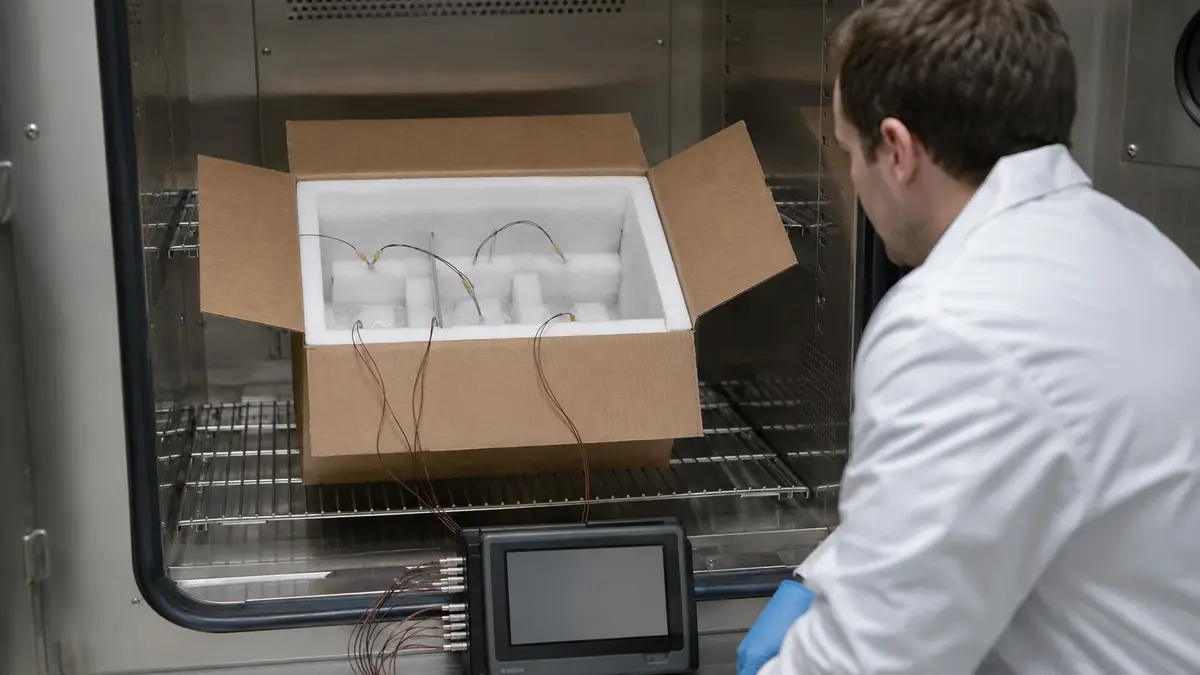 Concept illustration of an insulated food shipper instrumented with sensors inside a thermal test chamber.