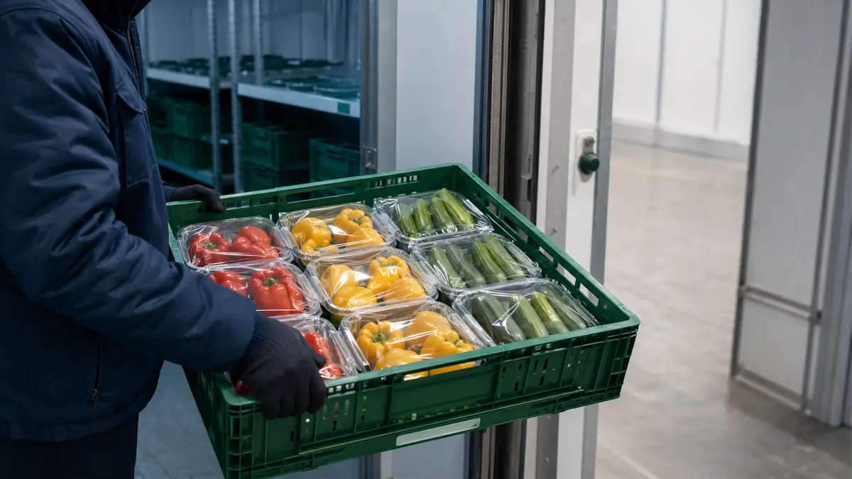 Clear-wrapped produce packs being inspected in a generic cold-chain staging area