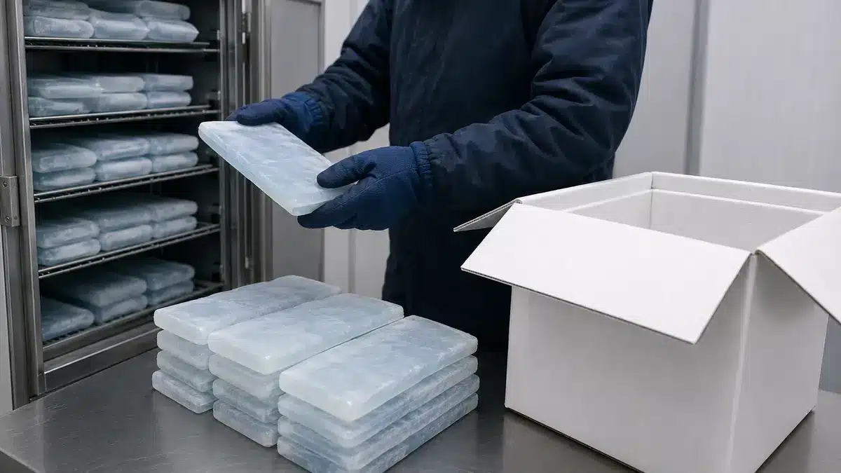 Concept illustration of conditioned gel packs being arranged beside an insulated food shipper.