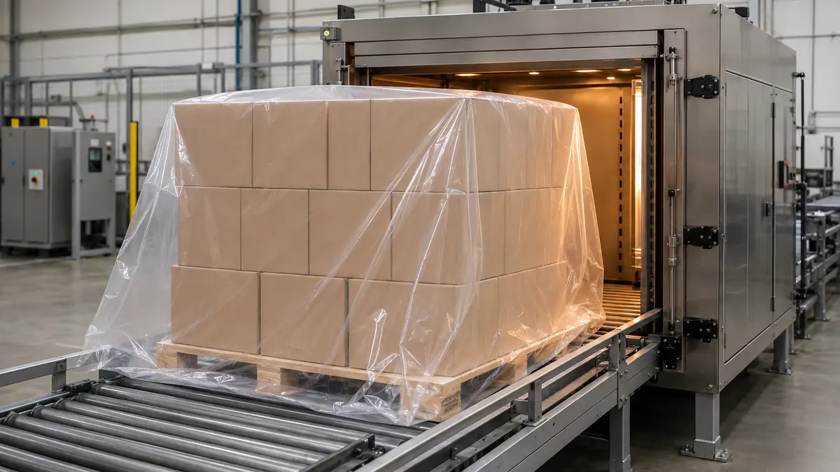 A loose pallet hood contracting around a load inside an enclosed hot-air shrink station