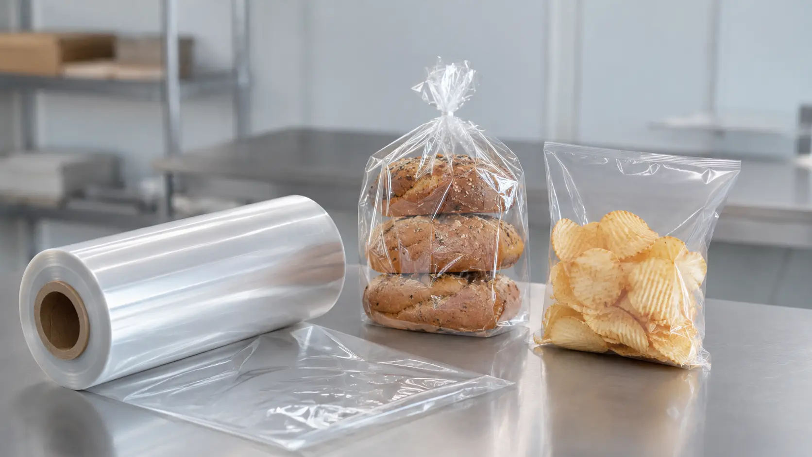 Concept illustration of a transparent film roll with generic bakery and snack packages