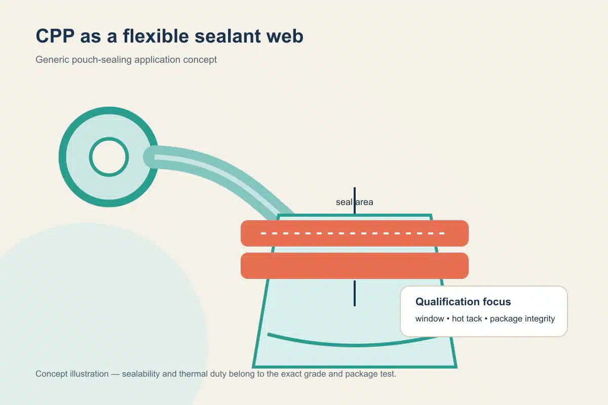 Concept illustration of a flexible CPP web forming a plain pouch while two horizontal sealing jaws close across the top seal area.
