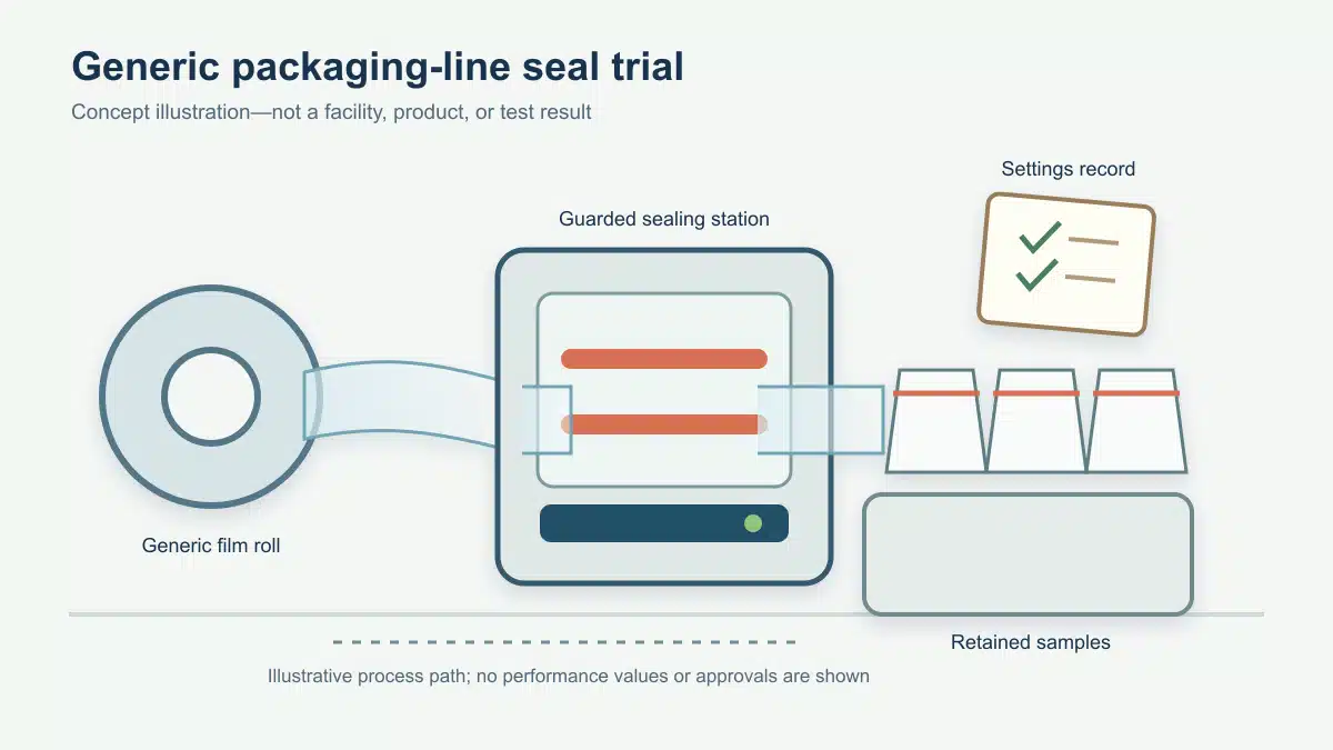 Concept illustration of a generic CPP packaging-line seal trial with a film roll, sealing station, sample pouches, and settings record.
