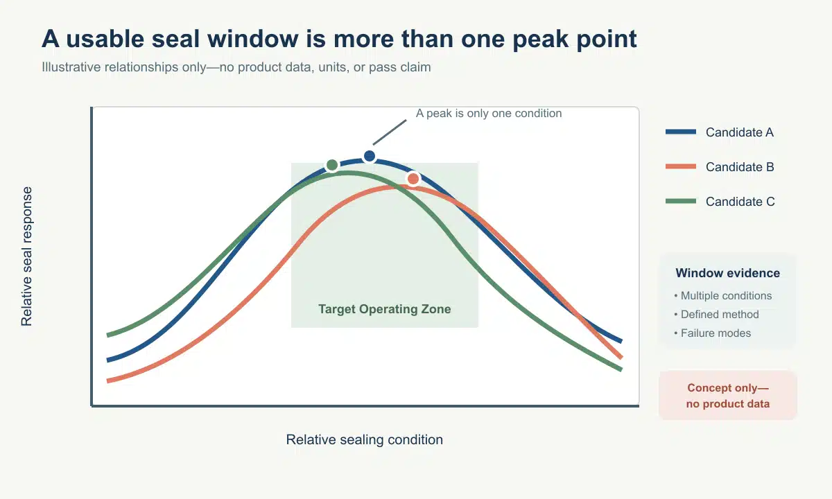Conceptual seal-response curves showing that a useful operating window requires multiple conditions rather than one peak data point.
