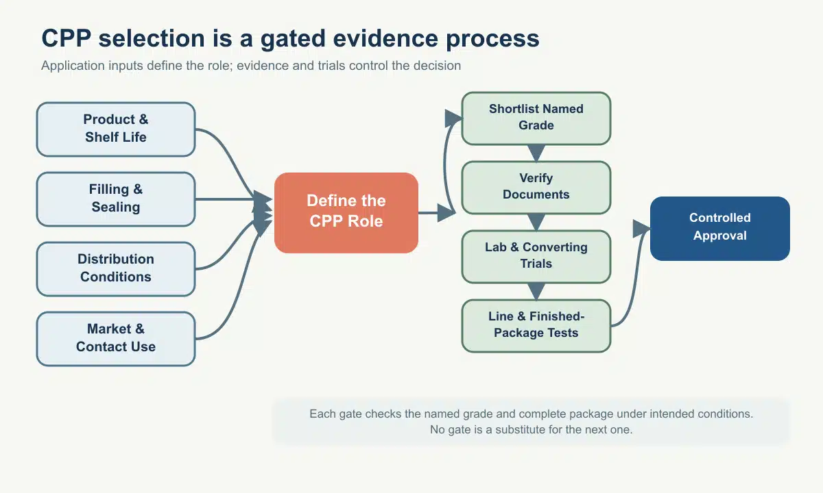 Decision flow from product, line, distribution, and market inputs through CPP role selection, evidence review, trials, and controlled approval.