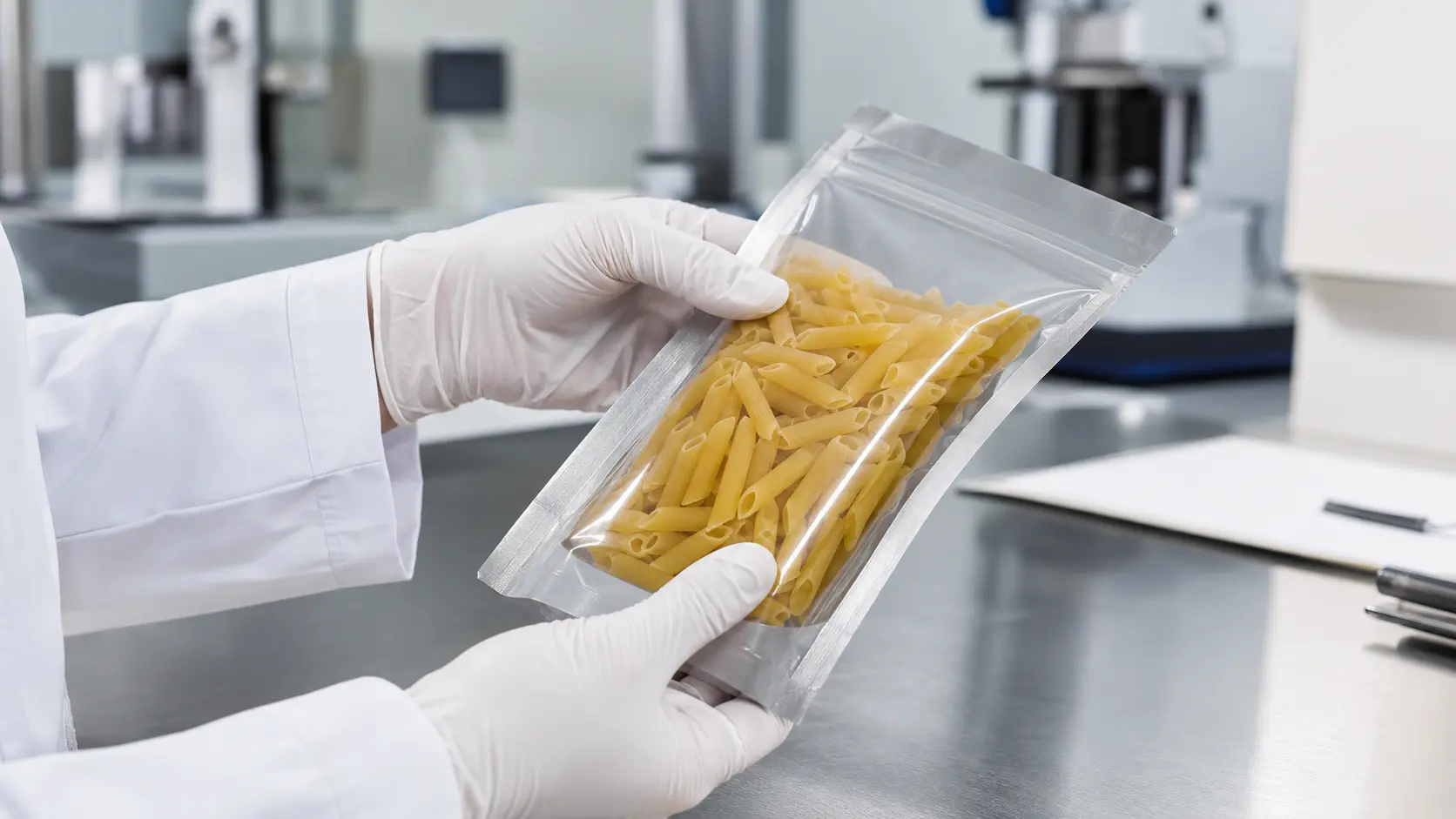 Concept illustration of gloved hands gently flexing a clear dry-pasta pouch