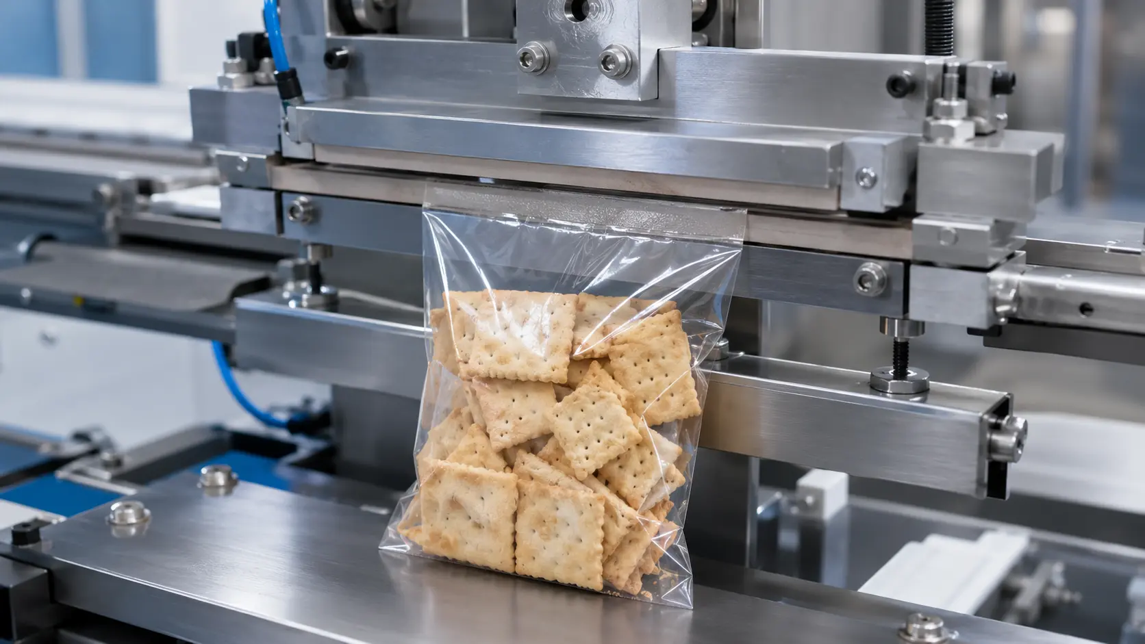 Concept illustration of heat-seal jaws closing a clear cracker pouch