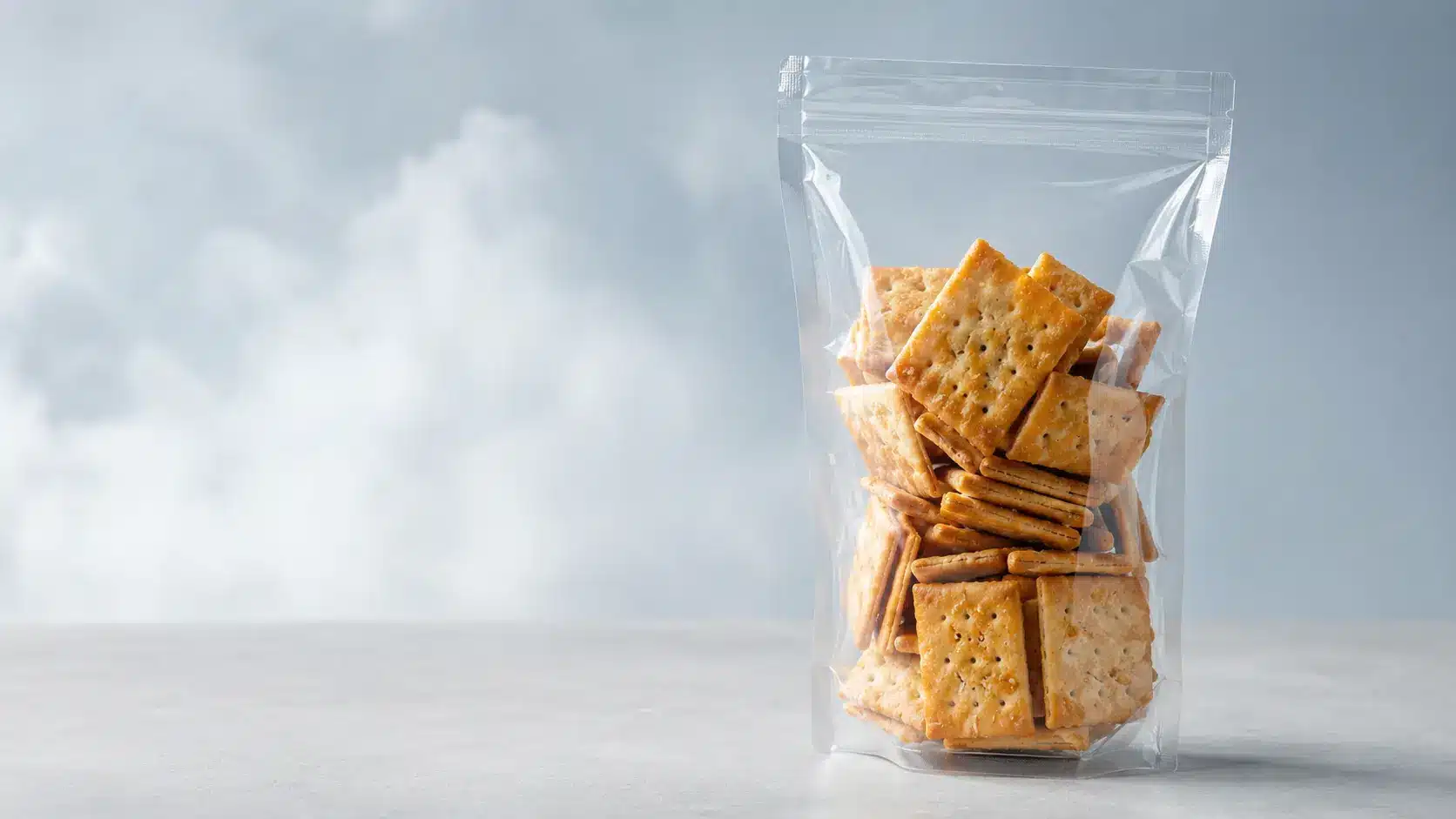 Concept illustration of dry crackers sealed in a clear flexible pouch