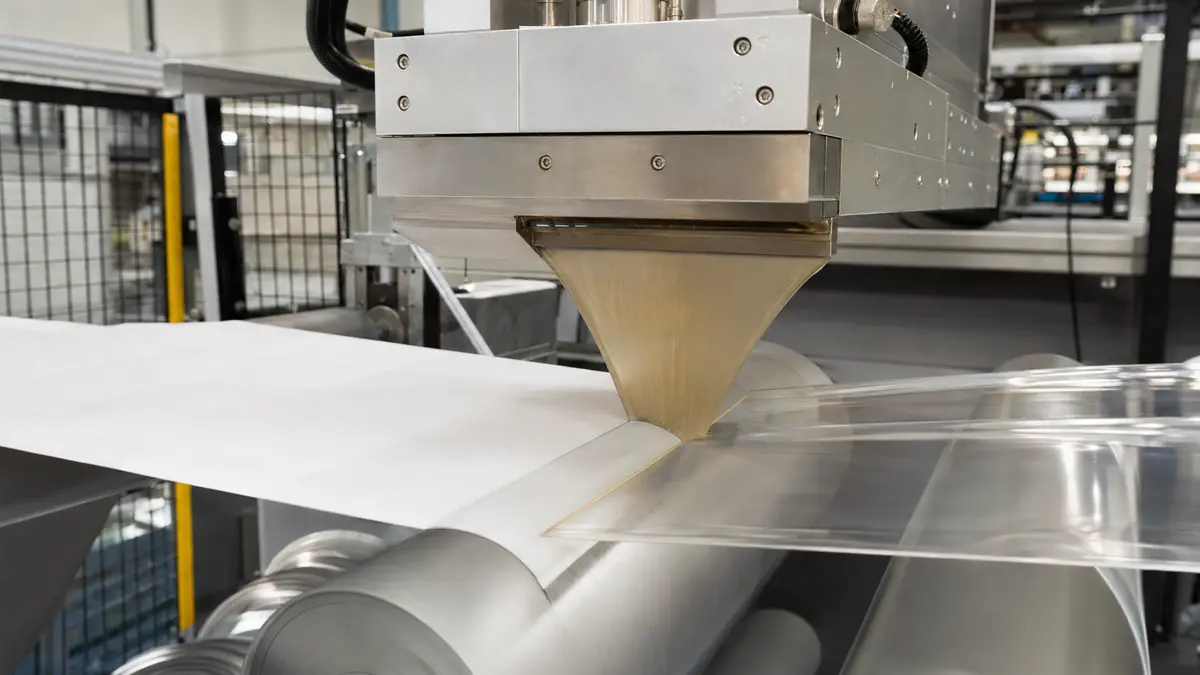 Two packaging webs joining with a thin molten polymer curtain at an extrusion lamination nip