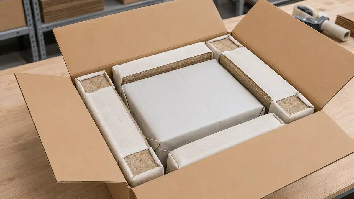 Concept illustration of contained fiber insulation pads lining a corrugated shipping carton