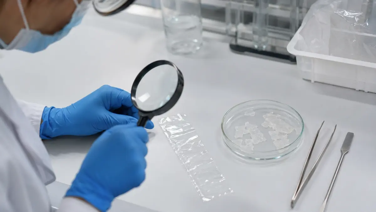 Packaging researcher examining an intact clear film specimen and weathered fragments on a lab bench