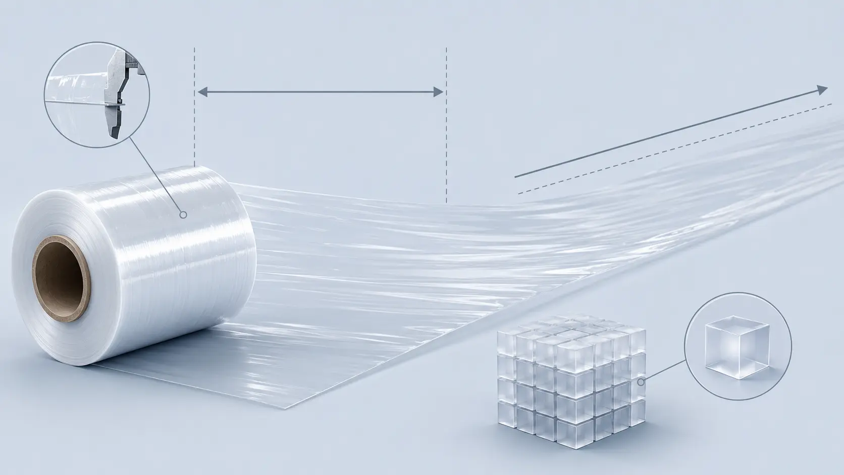 Concept illustration of a film web with visual cues for width, thickness, length, and material density