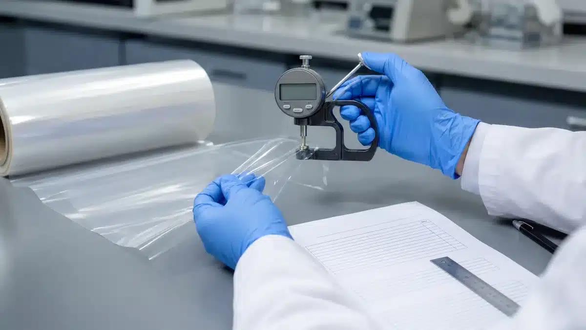 Packaging engineer measuring transparent film beside an unbranded specification sheet