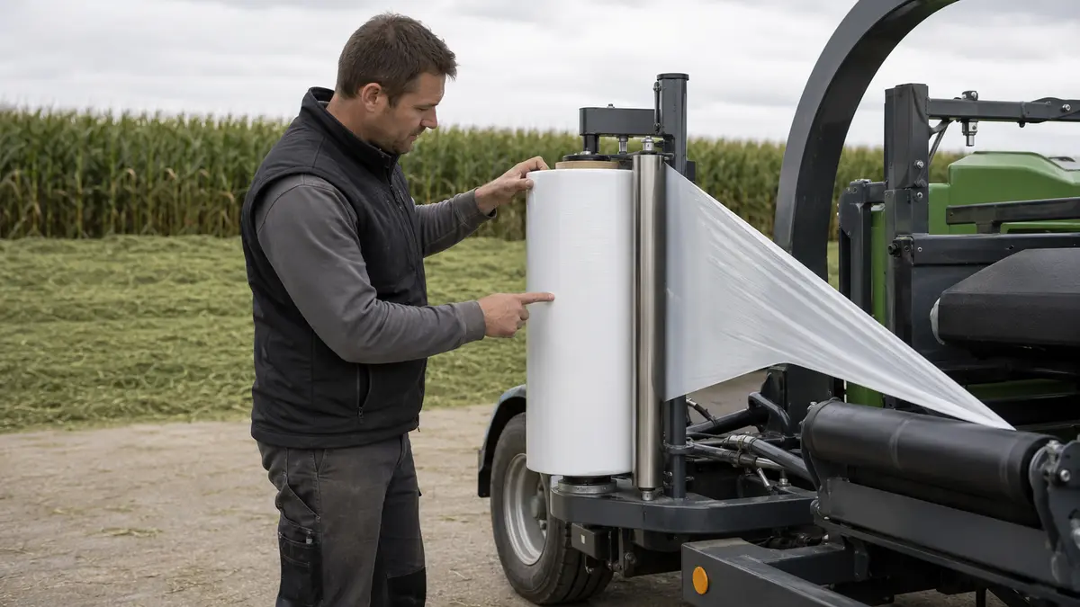 Operator checking an unbranded silage film roll on a bale-wrapper dispenser